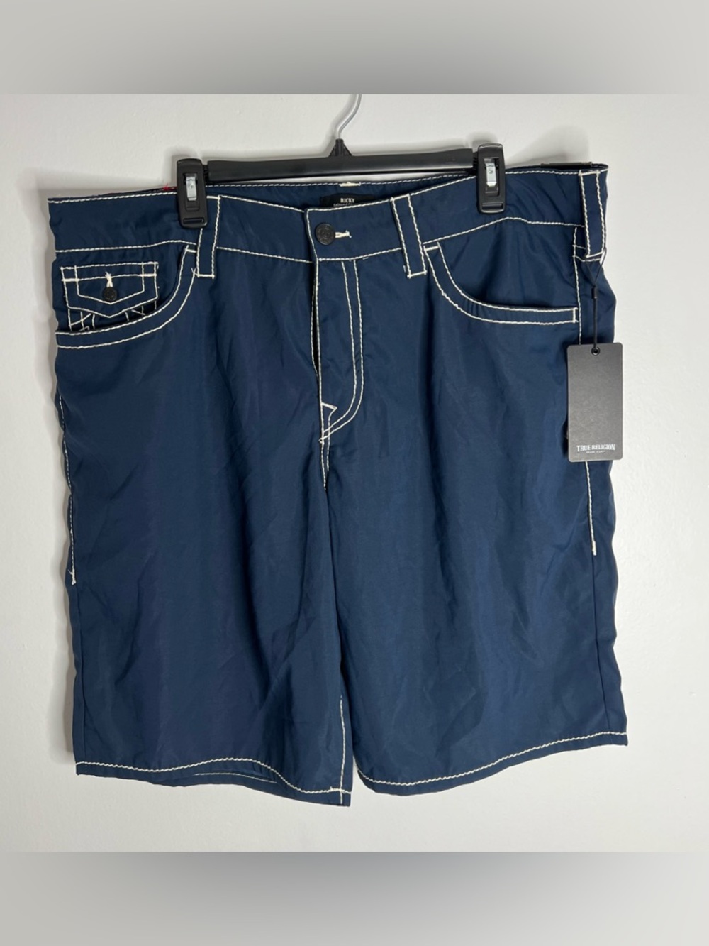 True Religion Big T Ricky Board Shorts Mens 38 Dress Blue Relaxed Straight NWT
